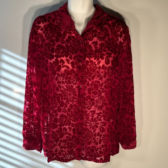 C.L.O.T.H.E.S. SZXL Red Burnout Velvet Button Down Fairy Boho Whimsigoth Romance - Picture 2 of 8